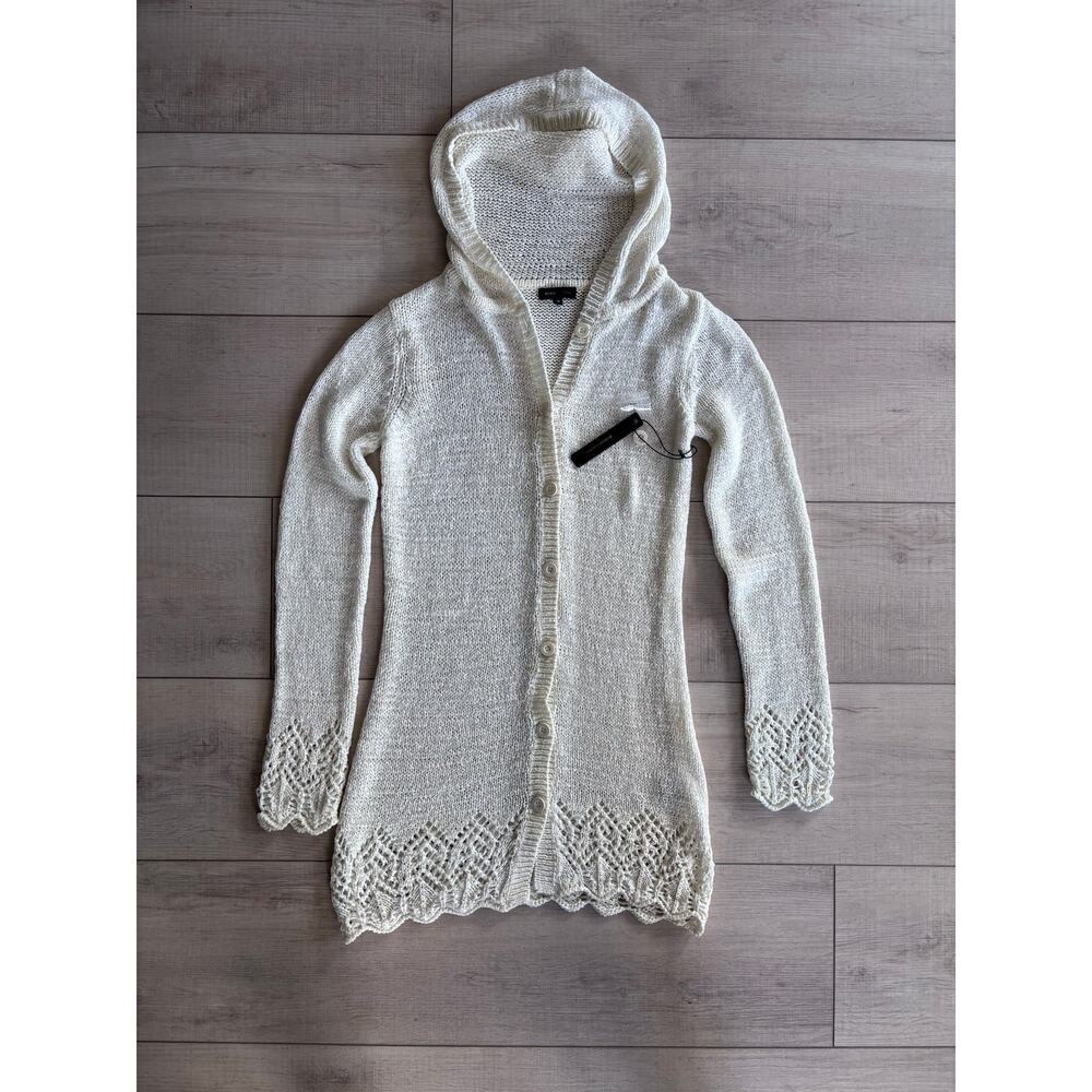 NWT BCBG Max Azria Cream Crochet Long Hooded Sweater Duster Cardigan Boho Size M